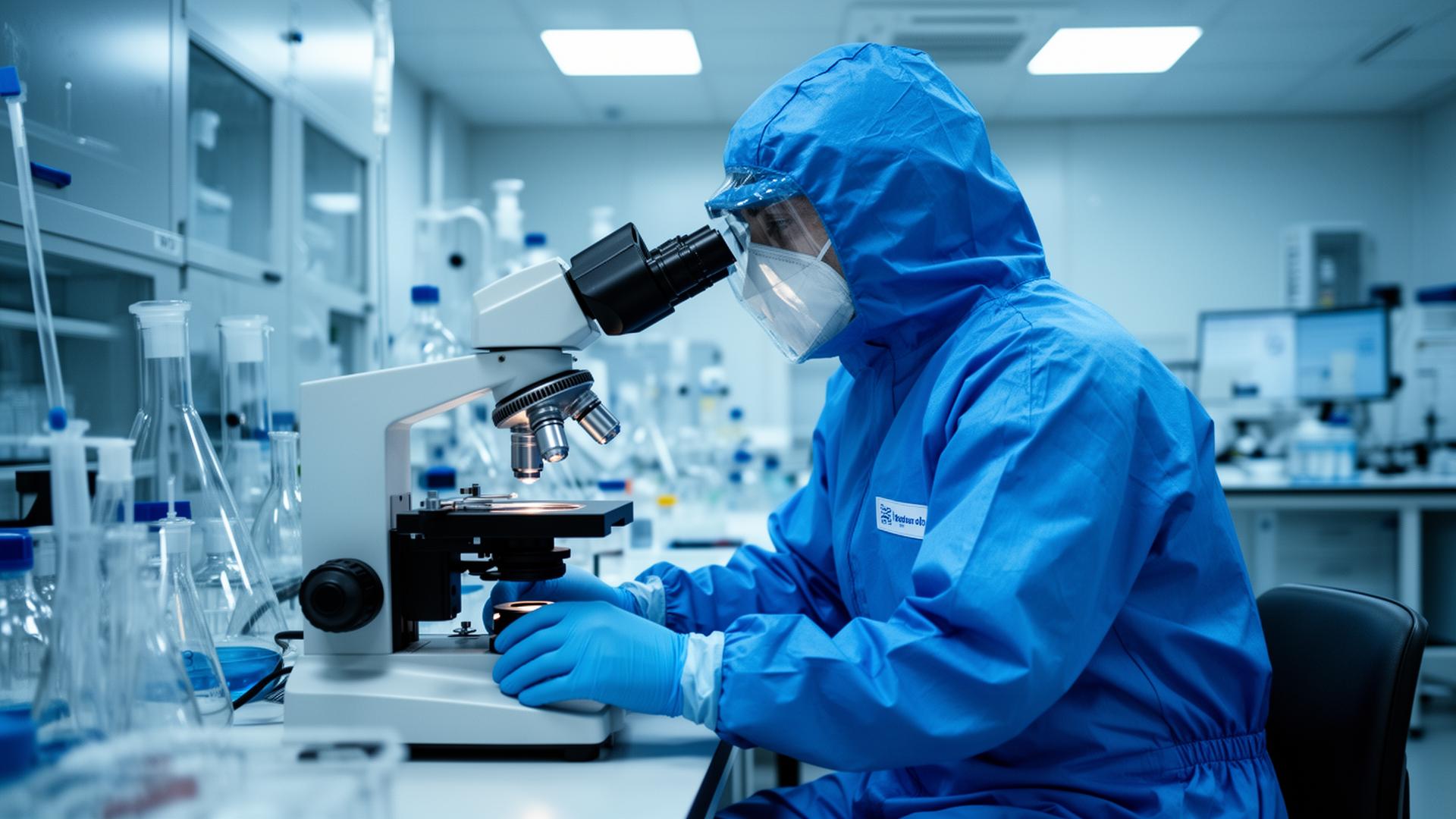 Wetenschapper bij microscoop in een laboratorium